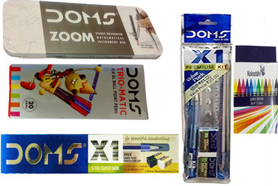 

DOMS X 1 PENCIL + ZOOM GEOMETRY BOX + X 1 PREMIUM KIT + TRIOMATIC BALL PEN + KOLOSTAHL 12 JUMBO WAX CRAYONS ART SET