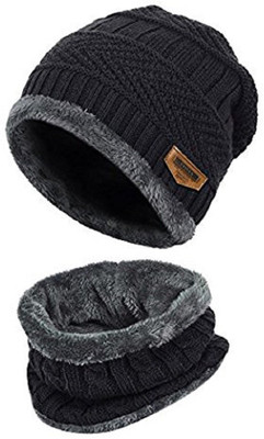 HANDCUFFS Woven Pure Woolen Skull Cap WIth Muffler /Beanie - BLACK - Unisex - Winter Cap Cap
