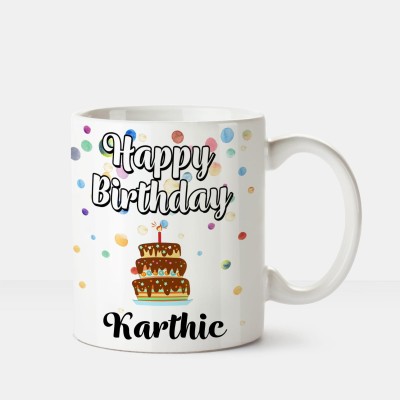 

Huppme Happy Birthday Karthic Printed Coffee White Ceramic Mug(350 ml), Multicolor