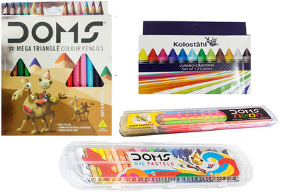 

DOMS 12 MEGA TRIANGLE COLOUR PENCIL + 25 SHADE OIL PASTEL + GROOVE SLIM TRIANGLE PENCIL + KOLOSTALHL 12 JUMBO WAX CRAYONS ART SET