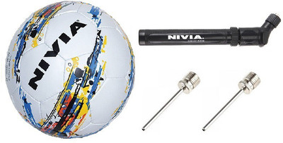 

Nivia Combo of Three, One Storm Football, One Double Action Pump and 2 Needles (Color On Availability)- Football - Size: (Pack of 1, Multicolor, White