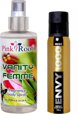 

Envy 1000 Rush Perfume Body Spray 120ml, Pink Root Vanity Femme Fragrance body Spray 200ml(Set of 2)