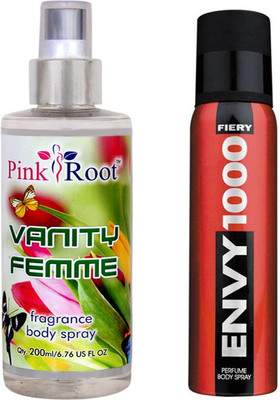 

Envy 1000 Fiery Perfume Body Spray 120ml, Pink Root Vanity Femme Fragrance body Spray 200ml(Set of 2)