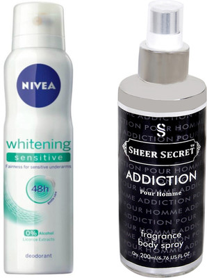 

Nivea SENSITIVE 150 ML with ADDICTION MEN 200 ML Deodorant Spray - For Men & Women(350 ml, Pack of 2)