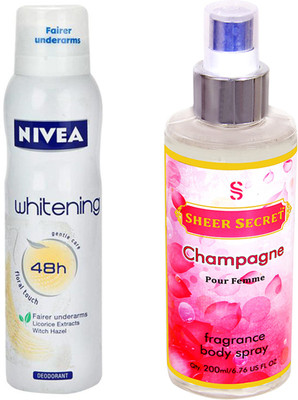 

Nivea FRESH FLORAL 150 ML with CHAMPAGNE WOMEN 200 ML Deodorant Spray - For Women(350 ml, Pack of 2)