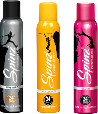 

Spinz Livewire, Thrillseeker and Exotic Deodorant Body Spray Pack of 3 Combo (150ML each) Deodorant Spray - For Women(450 ml, Pack of 3)