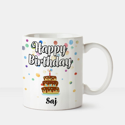 

Huppme Happy Birthday Saj Printed Coffee White Ceramic Mug(350 ml), Multicolor