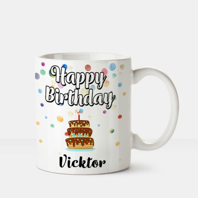

Huppme Happy Birthday Vicktor Printed Coffee White Ceramic Mug(350 ml), Multicolor