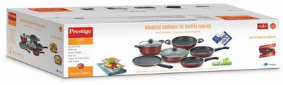 

Prestige prestige omega deluxe 6 pc kitchen in a box set Pot 6 L with Lid(Aluminium, Non-stick, Induction Bottom), Red