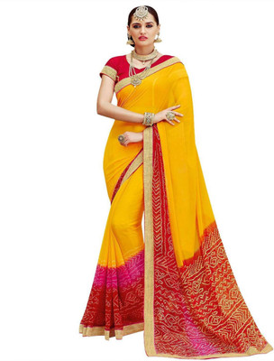 Bombey Velvat Fab Printed Daily Wear Faux Georgette Saree(Yellow, Red) Flipkart