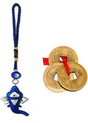 

DivyaMantra Combo Of Ganesha Evil Eye Car / Wall Hanging with Three Chinese Coins Decorative Showpiece - 4 cm(Plastic, Dark Blue)