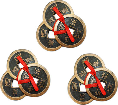 

DivyaMantra Chinese Feng Shui Antique Fortune I-Ching 2" Coin Ornaments for Good Luck, Success & Prosperity/Ancient Tibetan Buddhist Wealth Charm Amulet Coins w/ Hole & Red Knot - Copper, Set of 3 Decorative Showpiece - 5.1 cm(Zinc, Brown)