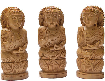 

VAlMONT Wooden Handcarved Buddha Set of 3 Decorative Showpiece - 16.50 cm(Wooden, Brown)