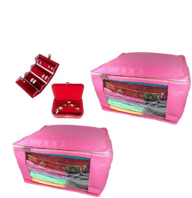 

Addyz Combo Of 2 Saree Cover, 1 Earing Box With 1 Ring Box Jewellery Vanity Box(Red, Pink)
