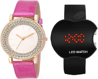 SOOMS BLACK APPLE LED BOYS WATCH WITH DIAMOND STUDDED AND GLAMOROUS DIVA PINK SHINY STRAP LADIES PARTY WEAR Watch  - For Women   Watches  (Sooms)