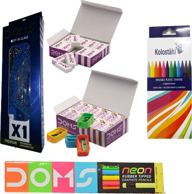 

DOMS NEON RUBBER TIPPED PENCIL + X 1 PREMIUM INSTRUMENT BOX + EXTRA LONG PENCIL SHARPENERS + LONG COLOURED ERASERS + KOLOSTAHL 12 ERASABLE PLASTIC CRAYONS ART SET