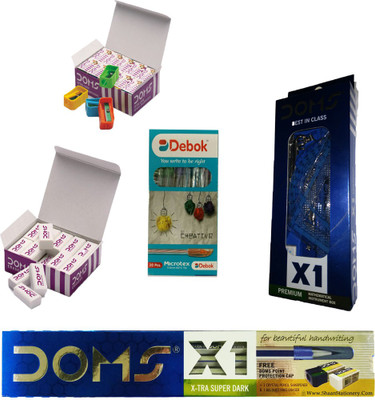 

DOMS X 1 PENCIL + X 1 PREMIUM INSTRUMENT SET + DEBOK BALL PEN + EXTRA LONG PENCIL SHARPENERS + DUST FREE ERASERS ART SET