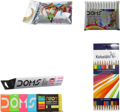 

DOMS ZOOM PENCIL + COLOUR KIT + 12 SKETCH PEN ( MINI ) + TEMPERA COLOUR ( 12 SHADES ) + KOLOSTAHL 12 BI COLOUR PENCIL + NEON RUBBER TIPPED PENCIL ART SET