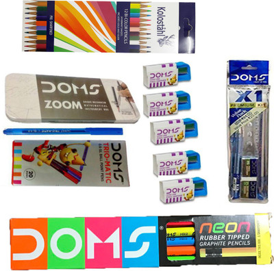 DOMS NEON RUBBER TIPPED PENCIL + X 1 KIT + GEOMETRY BOX + TRIOMATIC BALL PEN + EXTRA LONG PENCIL SHARPENERS + KOLOSTAHL 12 BICOLOUR PENCIL ( 24 SHADES ) ART KIT
