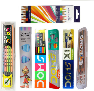 DOMS X 1 PENCIL + Y 1 PLUS PENCIL + NEON RUBBER TIPPED PENCIL + ZOOM PENCIL + NEON GROOVE SLIM TRIANGLE PENCIL + GROOVE SLIM TRIANGLE PENCIL + KOLOSTALHL 7 BI COLOURE PENCIL School Set