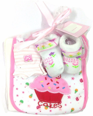 

Babies Bloom Pink And Red Cakes Design 3 Pcs High Quality Baby Bib, Anti Scratch Mittens And Socks Gift Set For Baby Girl (0-6 Months)(Multicolor)