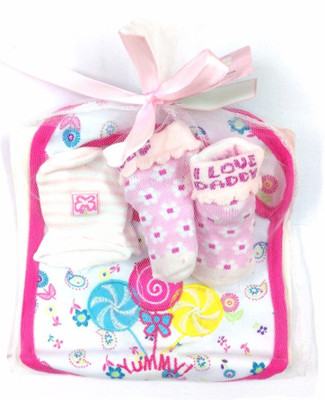 

Babies Bloom Pink Candy Design 3 Pcs High Quality Baby Bib, Anti Scratch Mittens And Socks Gift Set For Baby Girl (0-6 Months)(Multicolor)