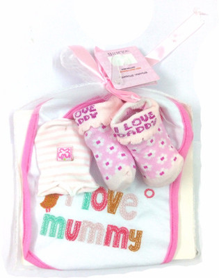 

Babies Bloom White And Pink I Luv Mummy Design 3 Pcs High Quality Baby Bib, Anti Scratch Mittens And Socks Gift Set For Baby Girl (0-6 Months)(Multicolor)