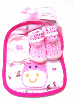 

Babies Bloom Pink Cartoon Design 3 Pcs High Quality Baby Bib, Anti Scratch Mittens And Socks Gift Set For Baby Girl (0-6 Months)(Multicolor)