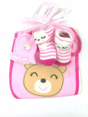 

Babies Bloom Pink Cat Design 3 Pcs High Quality Baby Bib, Anti Scratch Mittens And Socks Gift Set For Baby Girl (0-6 Months)(Multicolor)