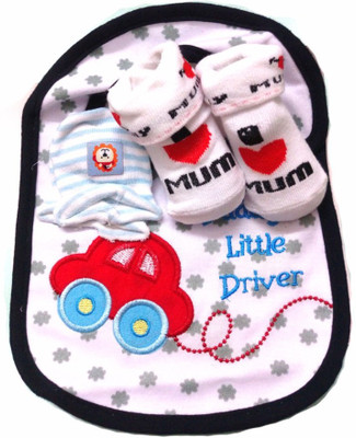 

Babies Bloom Blue Red Bus Design 3 Pcs High Quality Baby Bib, Anti Scratch Mittens And Socks Gift Set For Baby Boy(0-6 Months)(Multicolor)