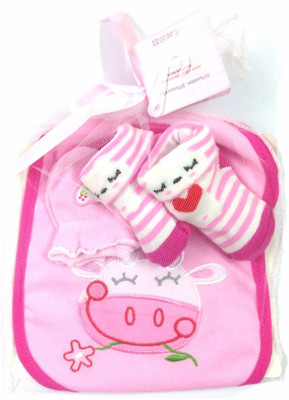 

Babies Bloom Pink Cow Design 3 Pcs High Quality Baby Bib, Anti Scratch Mittens And Socks Gift Set For Baby Girl (0-6 Months)(Multicolor)