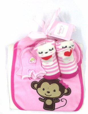 

Babies Bloom Pink Monkey Design 3 Pcs High Quality Baby Bib, Anti Scratch Mittens And Socks Gift Set For Baby Girl (0-6 Months)(Multicolor)