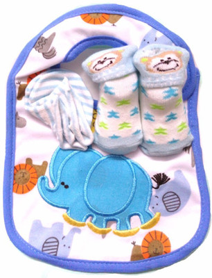 

Babies Bloom Blue Elephant Design 3 Pcs High Quality Baby Bib, Anti Scratch Mittens And Socks Gift Set For Baby Boy(0-6 Months)(Multicolor)