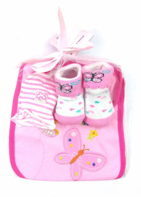 

Babies Bloom Pink Butterfly Design 3 Pcs High Quality Baby Bib, Anti Scratch Mittens And Socks Gift Set For Baby Girl(0-6 Months)(Multicolor)