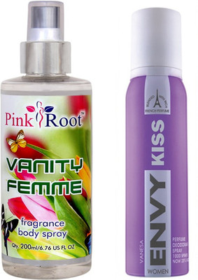 

Envy 1000 Envy Kiss Perfume Deodorant Spray 120ml and Pink Root Vanity Femme Fragrance body Spray 200ml Pack of 2(Set of 2)