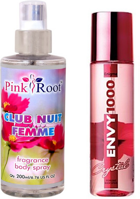 

Envy 1000 Engima Perfume Body Spray 120ml, Pink Root Club Nuit Femme Fragrance body Spray 200ml(Set of 2)