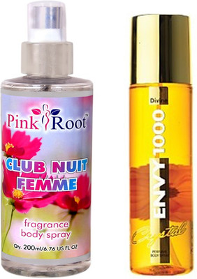 

Envy 1000 Divine Perfume Body Spray 120ml, Pink Root Club Nuit Femme Fragrance body Spray 200ml(Set of 2)