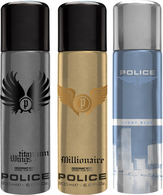

Police Millionaire & Wings Titanium & Light Blue Deodorant Spray - For Men(600 ml, Pack of 3)