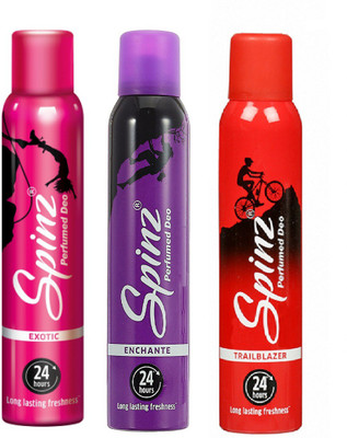 

Spinz Exotic, Enchante and Trailblazer Deodorant Body Spray Pack of 3 Combo (150ML each) Deodorant Spray - For Women(450 ml, Pack of 3)