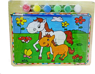 

TALKING GANESHA Wooden Puzzle set with 1 paint brush and 6 paints Horse theme (size small)(8 Pieces)