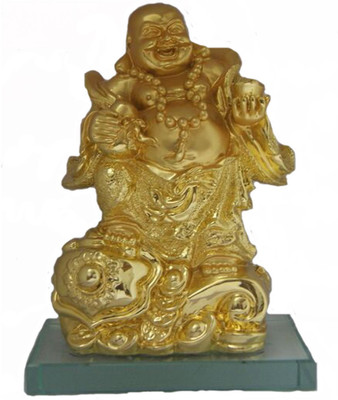 

DivyaMantra Happy Man Laughing Buddha Standing on Ingots Wealth For Attracting Money Prosperity Financial Luck Decorative Showpiece - 18 cm(Polyresin, Gold)