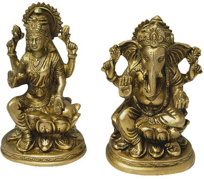 numeroastro Beautiful Handcrafted Shri Laxmi Ganesha Idol In Brass Decorative Showpiece  -  17 cm(Brass, Gold)