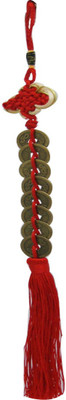 

DivyaMantra Car Decoration Rear View Mirror Hanging Accessories Feng Shui 8 Coins Hanging With Red Strings For Good Fortune Decorative Showpiece - 10 cm(Zinc, Red)