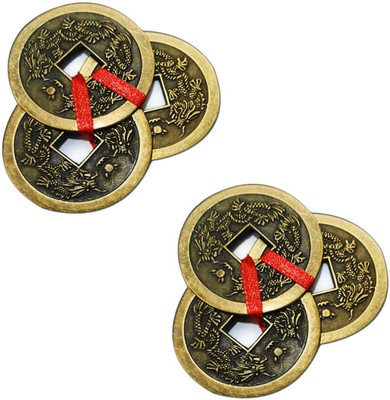 

DivyaMantra Chinese Feng Shui Antique Fortune I-Ching 2" Coin Ornaments for Good Luck, Success & Prosperity/Ancient Tibetan Buddhist Wealth Charm Amulet Coins w/ Hole & Red Knot - Golden, Set of 2 Decorative Showpiece - 5.1 cm(Zinc, Multicolor)