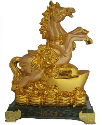 

DivyaMantra Feng Shui Yang Horse on Ingot and Wealth for Success Fame Popularity and Money Luck Decorative Showpiece - 16 cm(Polyresin, Gold)