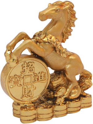 

Divya Mnatra Feng Shui Horse On Wealth Coins Decorative Showpiece - 7.5 cm(Polyresin, Gold)