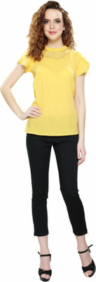 SFFLINDIA Casual Short Sleeve Self Design Women Yellow Top SFFLINDIA Casual Short Sleeve Self Design Women Yellow Top