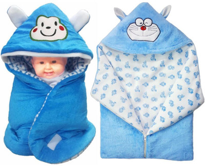 

BRANDONN Printed  Hooded Baby Blanket(Fur, FEROZI BLUE, SKY BLUE