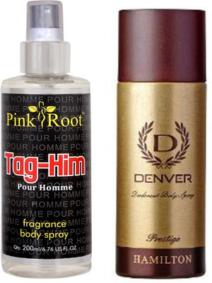 Denver Prestige Deodorant 165ml, Pink Root Tag-Him Pour Homme Fragrance body Spray 200ml(Set of 2) available at flipkart for Rs.490