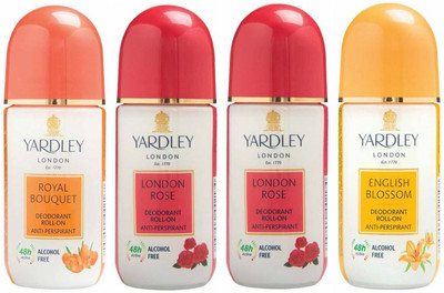 

Yardley London 1 Royal Bouquet, 2 London Rose and 1 English Blossom Deodorant Roll-on - For Men & Women(Pack of 4) Deodorant Roll-on - For Men & Women(200 ml, Pack of 4)